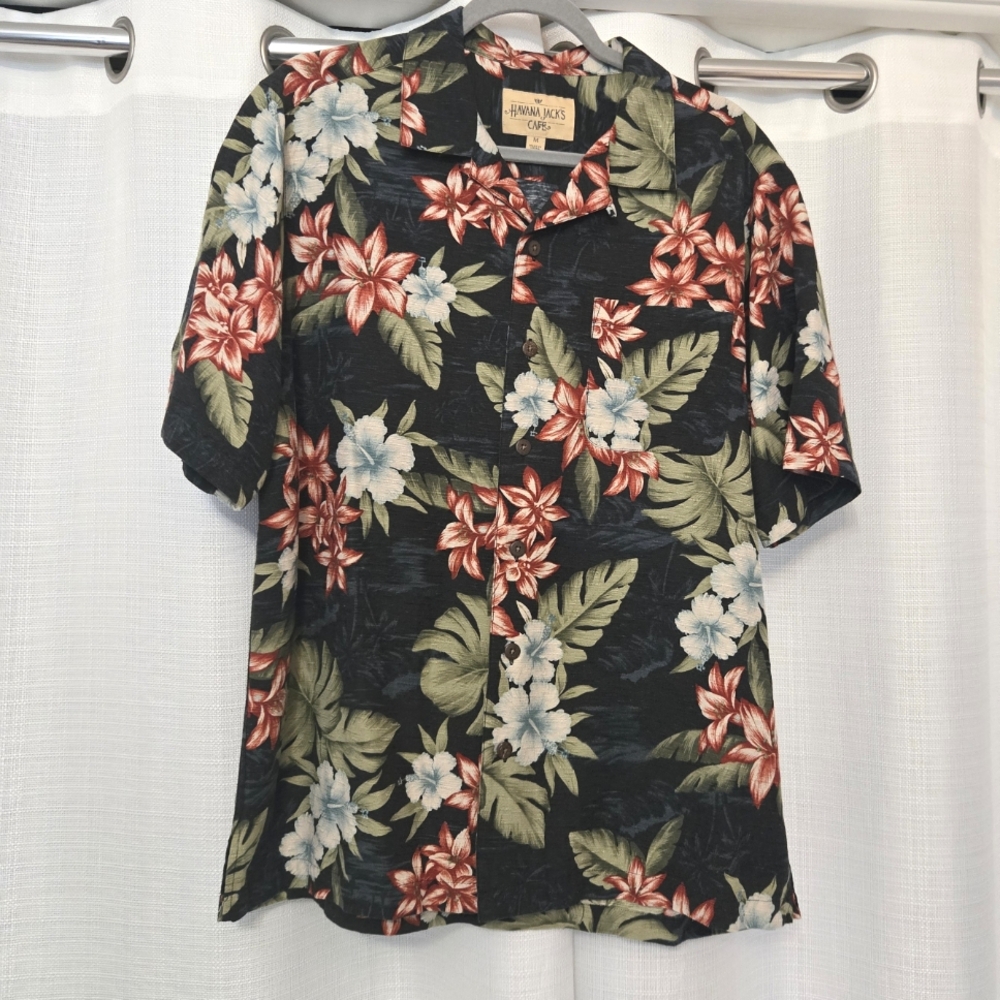 Havana Jacks Cafe Silk Hawaiian Shirt Sz M Short Sleeve Button Up Black Floral